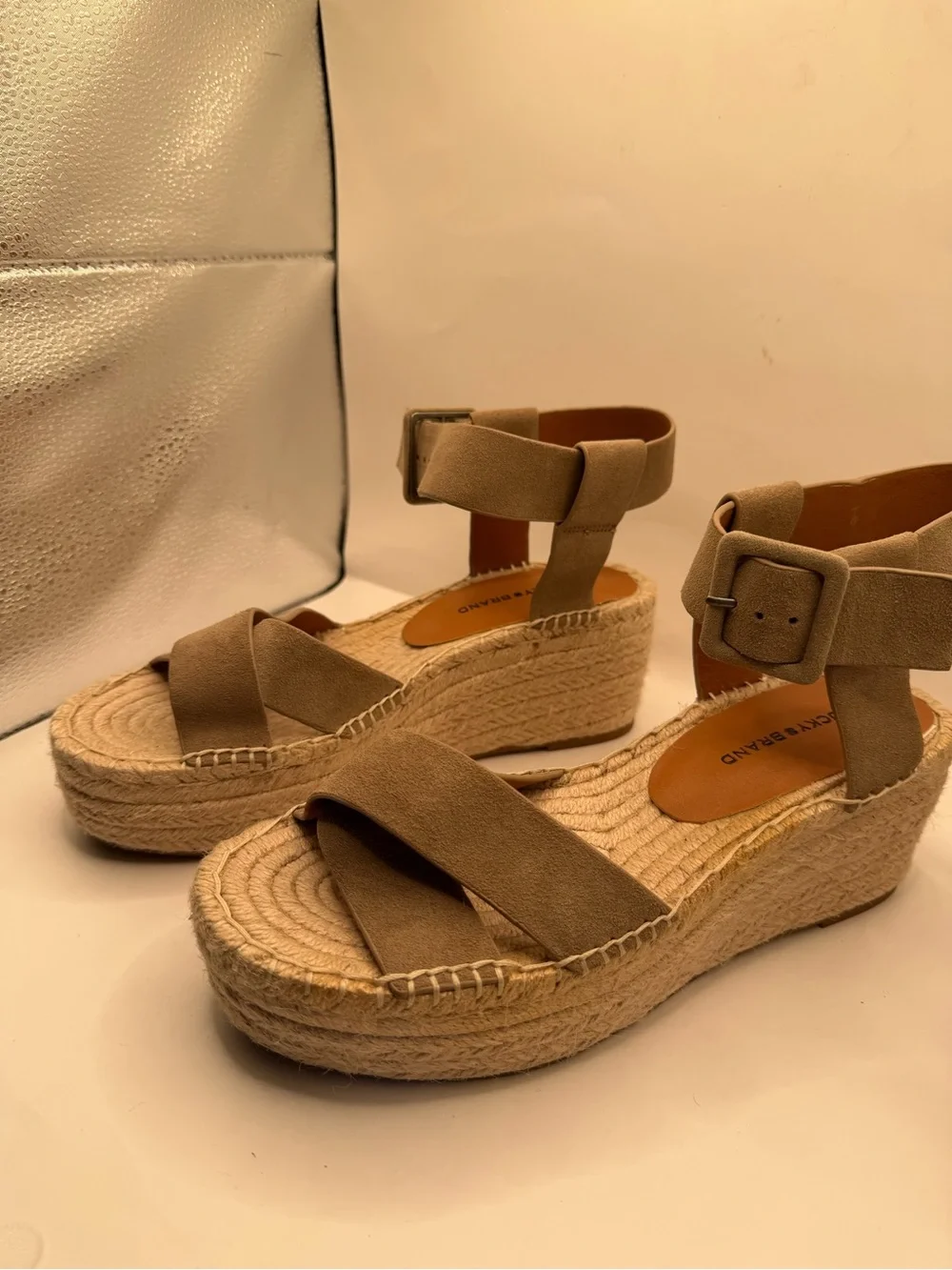 Lucky Brand Audrinah Espadrille Wedge Sandals Taupe Suede Leather Women’s 9.5